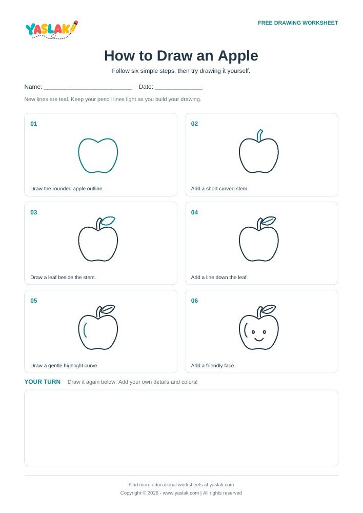 How to Draw an Apple printable worksheet with YASLAK logo and copyright