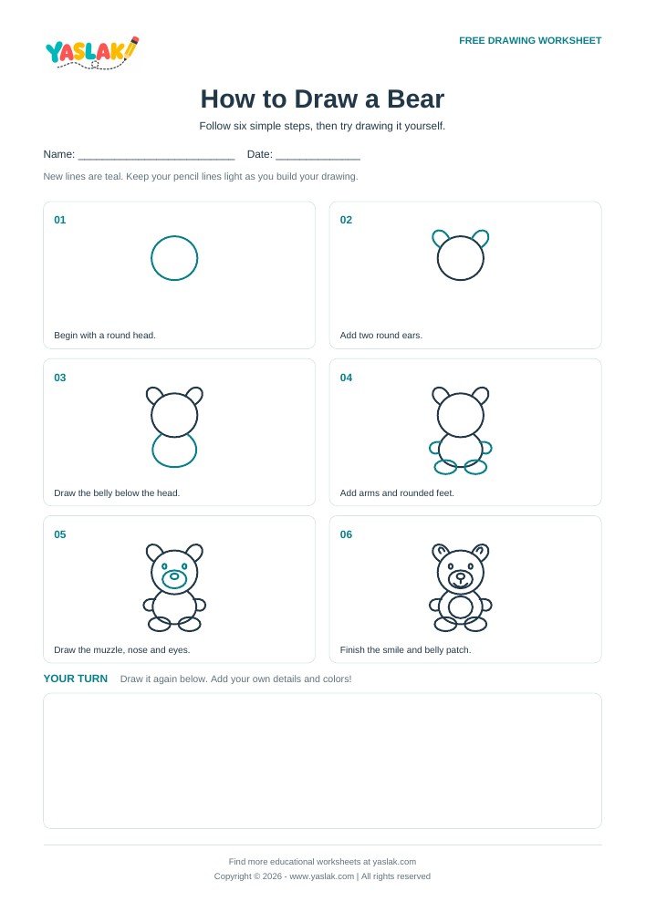How to Draw a Bear printable worksheet with YASLAK logo and copyright