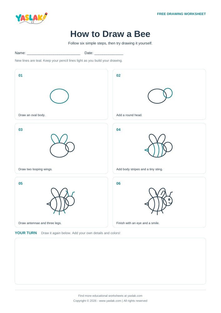 How to Draw a Bee printable worksheet with YASLAK logo and copyright