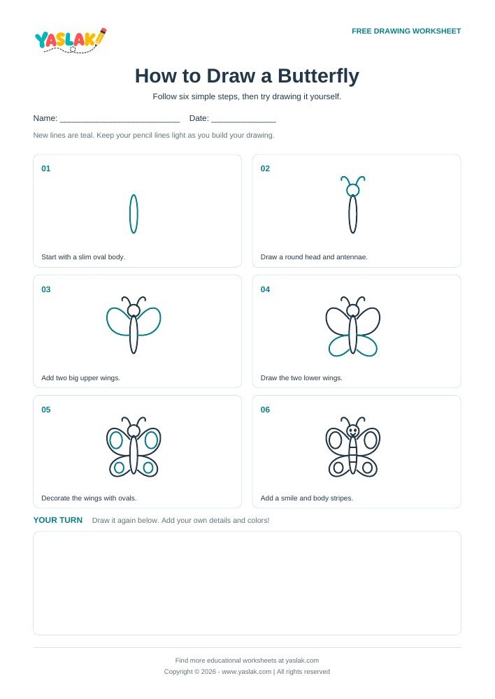 How to Draw a Butterfly printable worksheet with YASLAK logo and copyright