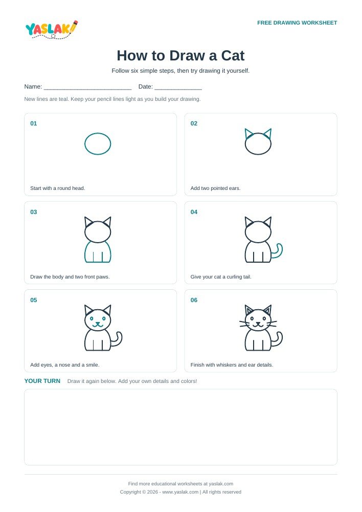 How to Draw a Cat printable worksheet with YASLAK logo and copyright