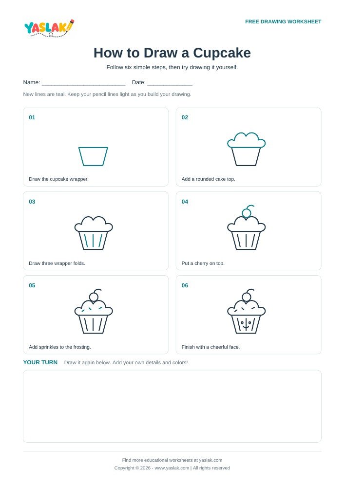 How to Draw a Cupcake printable worksheet with YASLAK logo and copyright