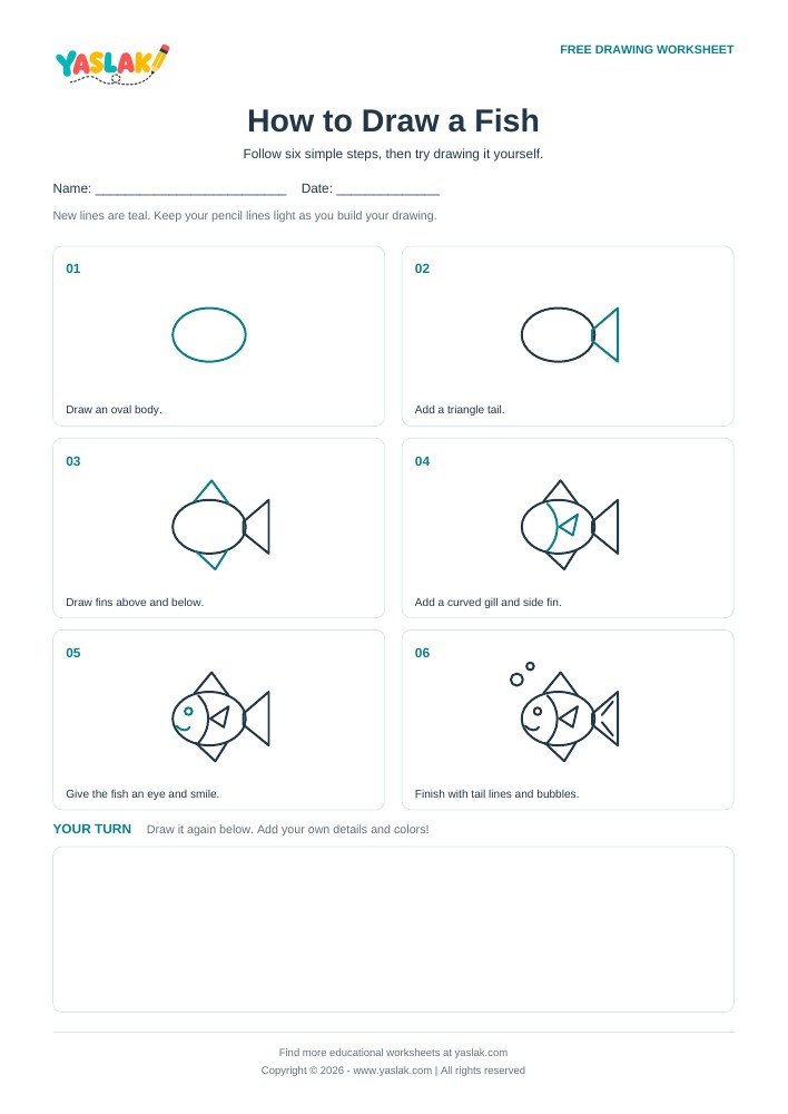 How to Draw a Fish printable worksheet with YASLAK logo and copyright