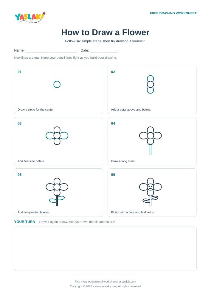 How to Draw a Flower printable worksheet with YASLAK logo and copyright