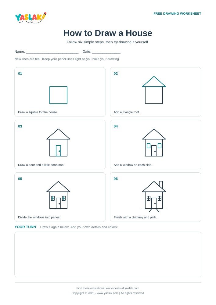 How to Draw a House printable worksheet with YASLAK logo and copyright