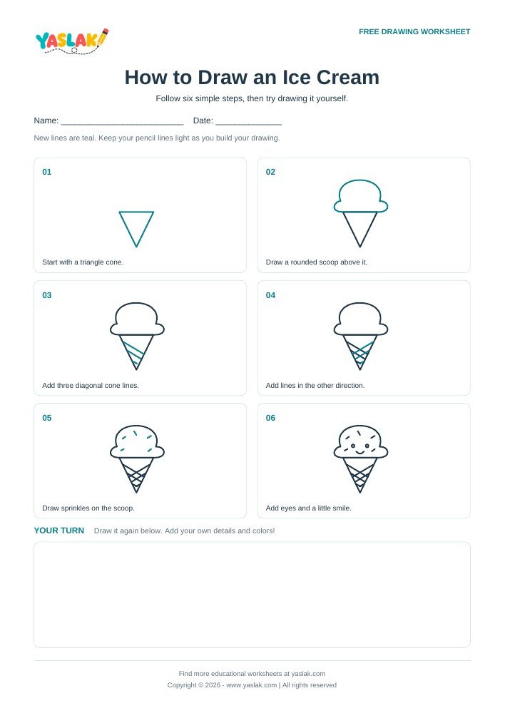 How to Draw an Ice Cream printable worksheet with YASLAK logo and copyright