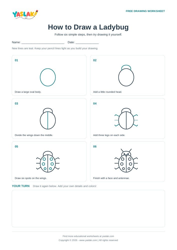 How to Draw a Ladybug printable worksheet with YASLAK logo and copyright
