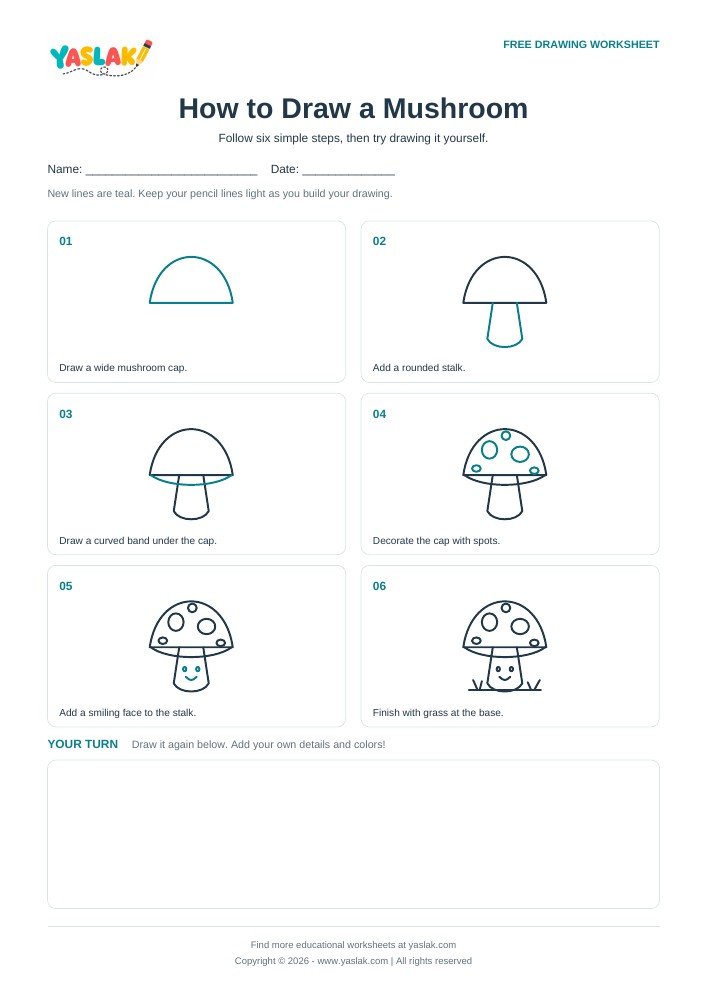How to Draw a Mushroom printable worksheet with YASLAK logo and copyright