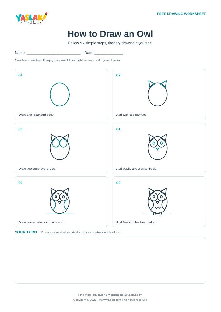 How to Draw an Owl printable worksheet with YASLAK logo and copyright