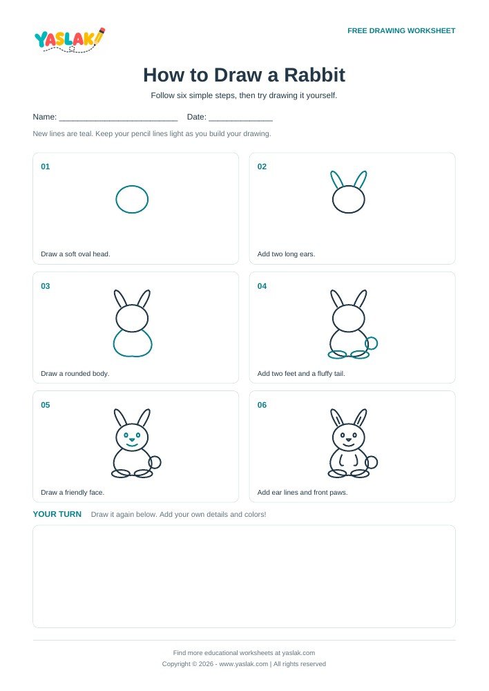 How to Draw a Rabbit printable worksheet with YASLAK logo and copyright