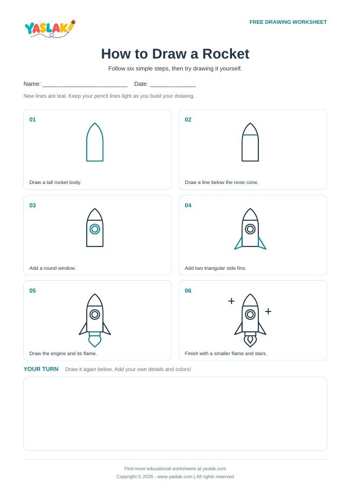 How to Draw a Rocket printable worksheet with YASLAK logo and copyright