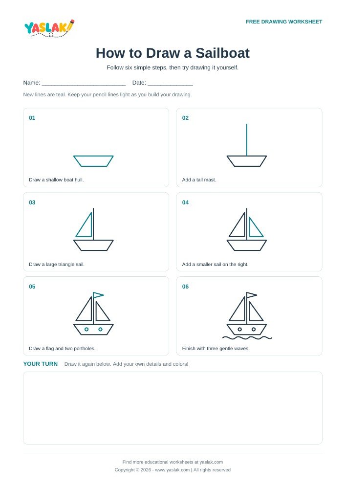 How to Draw a Sailboat printable worksheet with YASLAK logo and copyright