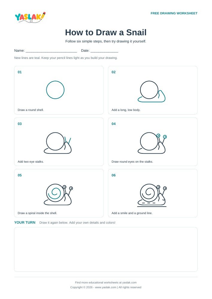 How to Draw a Snail printable worksheet with YASLAK logo and copyright