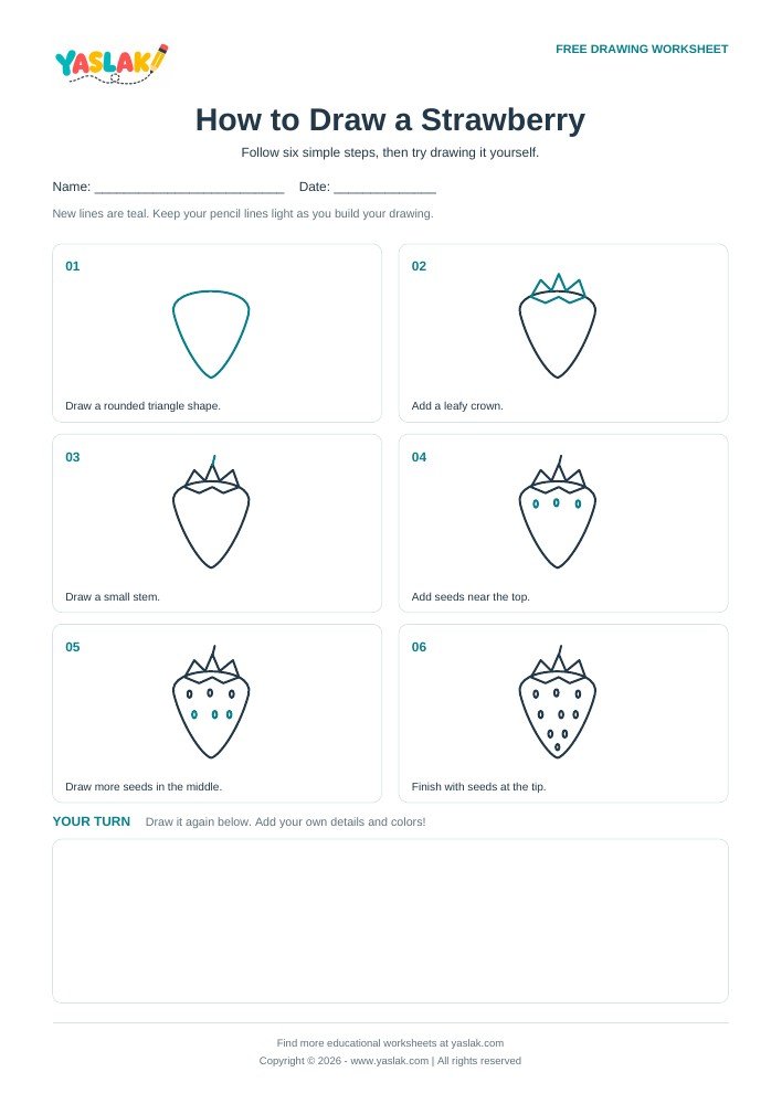 How to Draw a Strawberry printable worksheet with YASLAK logo and copyright