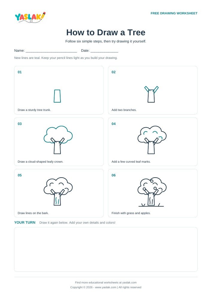 How to Draw a Tree printable worksheet with YASLAK logo and copyright