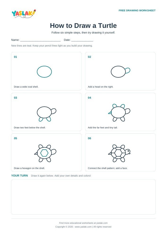 How to Draw a Turtle printable worksheet with YASLAK logo and copyright