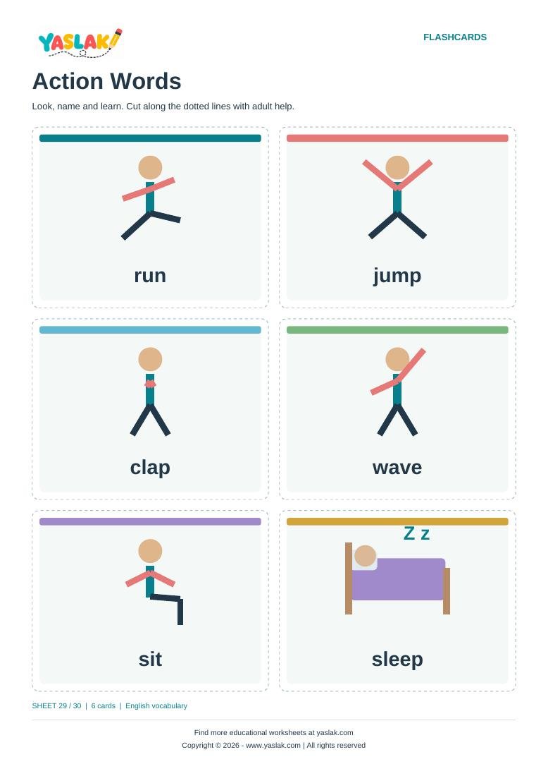 Action Words Flashcards colour flashcard sheet with YASLAK logo and copyright