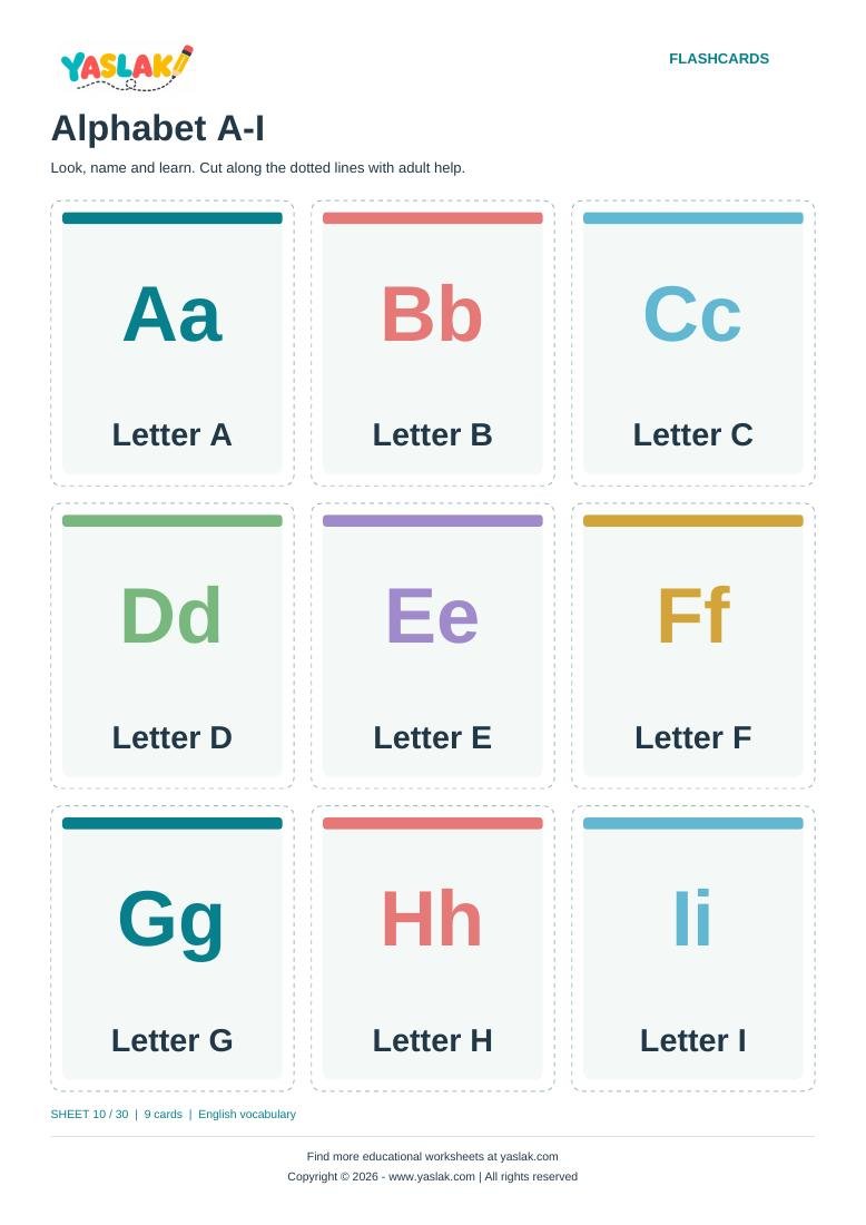 Alphabet A-I Flashcards colour flashcard sheet with YASLAK logo and copyright