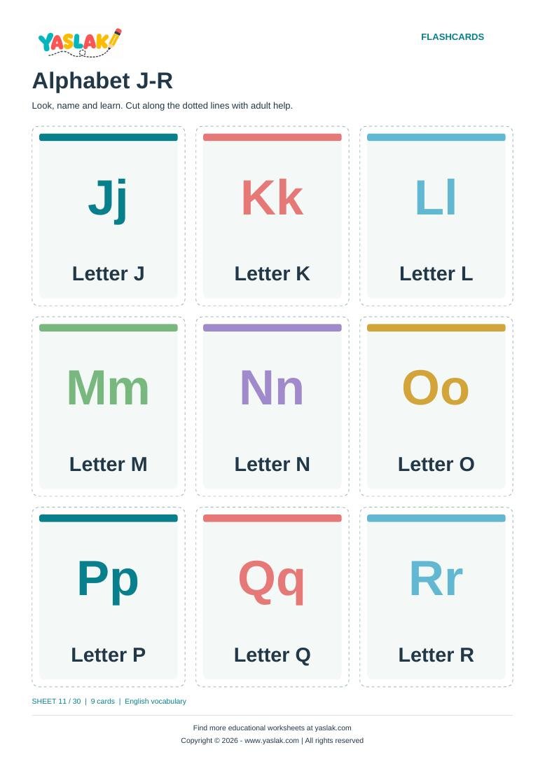 Alphabet J-R Flashcards colour flashcard sheet with YASLAK logo and copyright