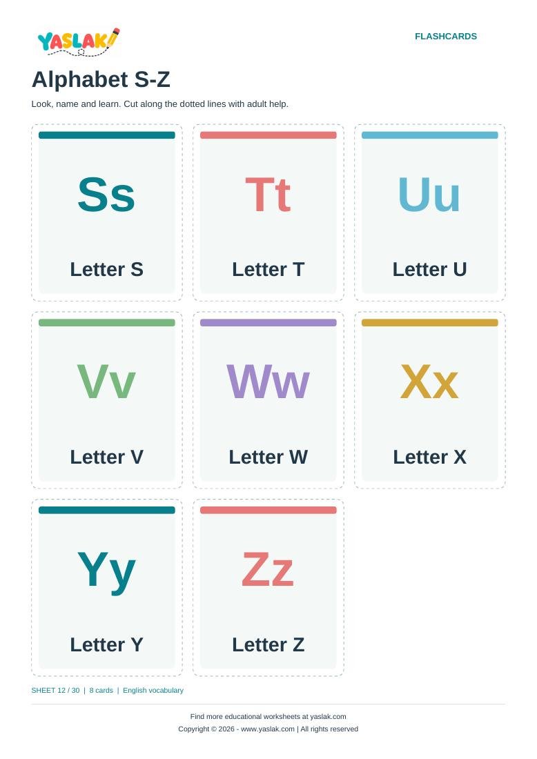 Alphabet S-Z Flashcards colour flashcard sheet with YASLAK logo and copyright