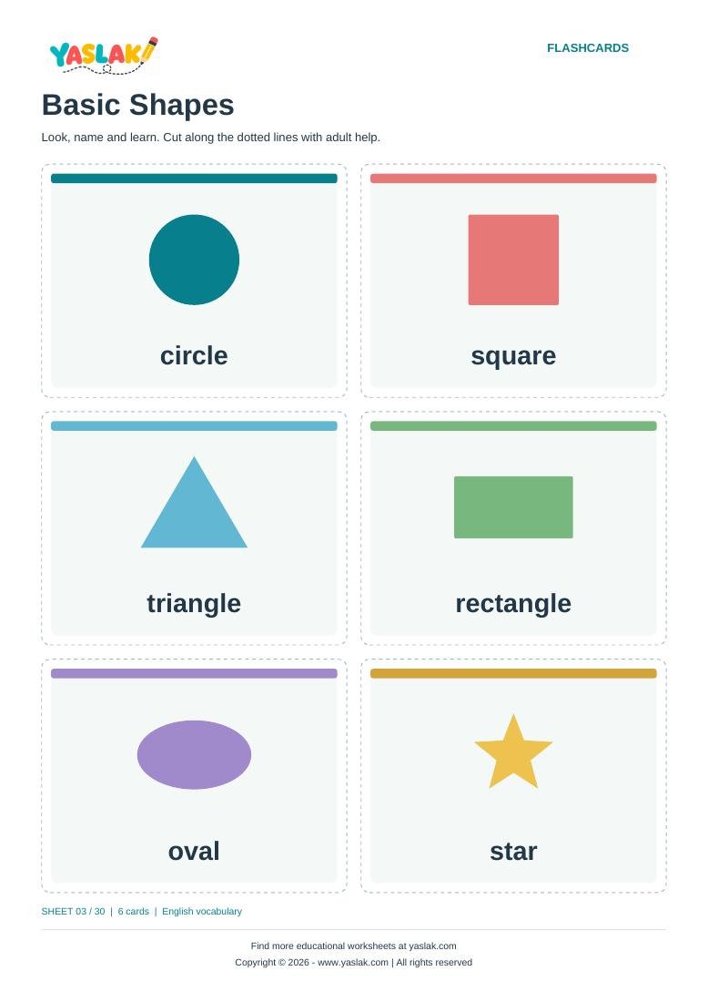 Basic Shapes Flashcards colour flashcard sheet with YASLAK logo and copyright