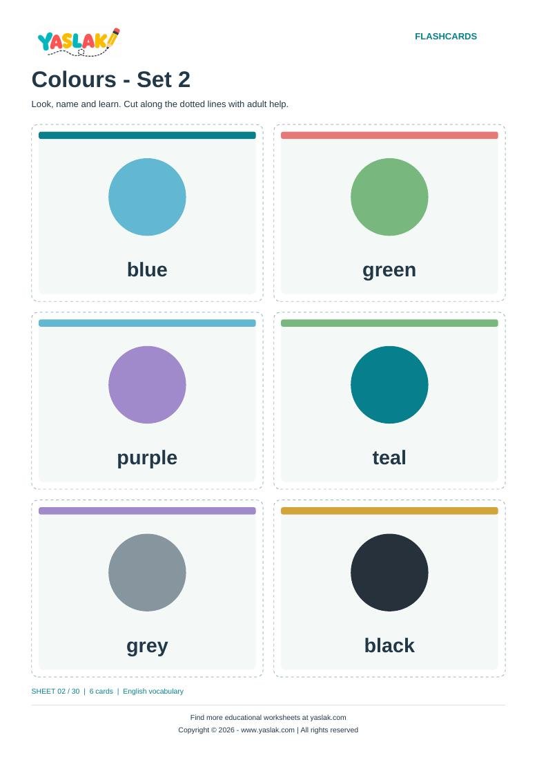 Colours - Set 2 Flashcards colour flashcard sheet with YASLAK logo and copyright