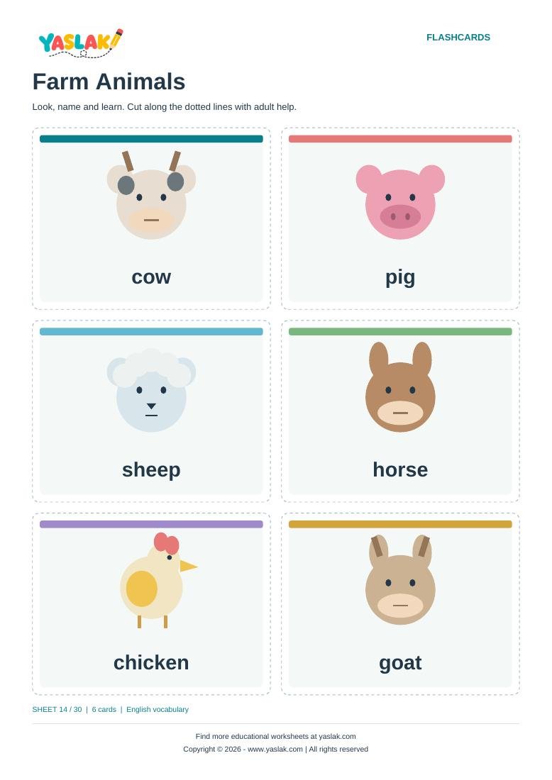 Farm Animals Flashcards colour flashcard sheet with YASLAK logo and copyright
