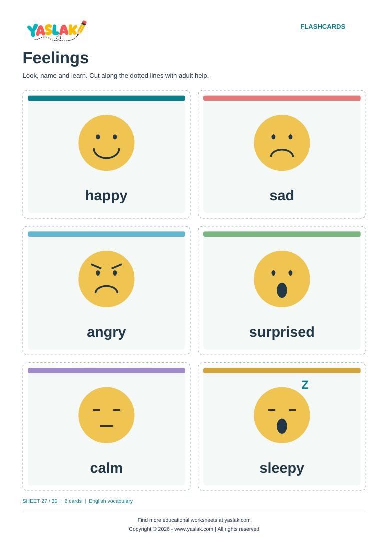 Feelings Flashcards colour flashcard sheet with YASLAK logo and copyright