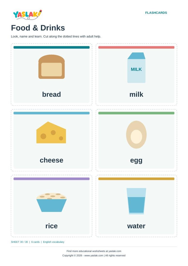 Food & Drinks Flashcards colour flashcard sheet with YASLAK logo and copyright
