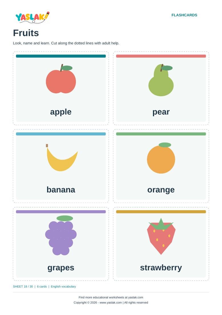 Fruits Flashcards colour flashcard sheet with YASLAK logo and copyright