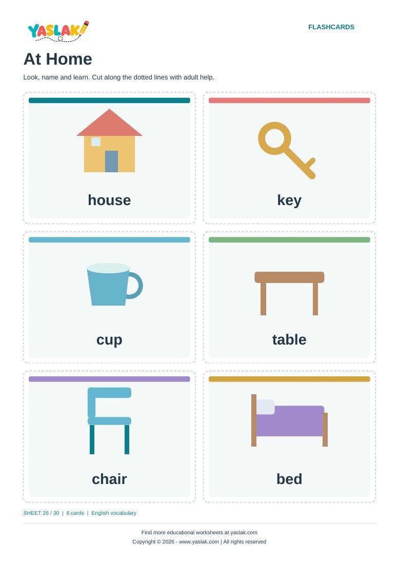 At Home Flashcards colour flashcard sheet with YASLAK logo and copyright
