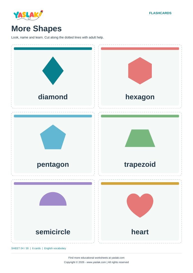 More Shapes Flashcards colour flashcard sheet with YASLAK logo and copyright