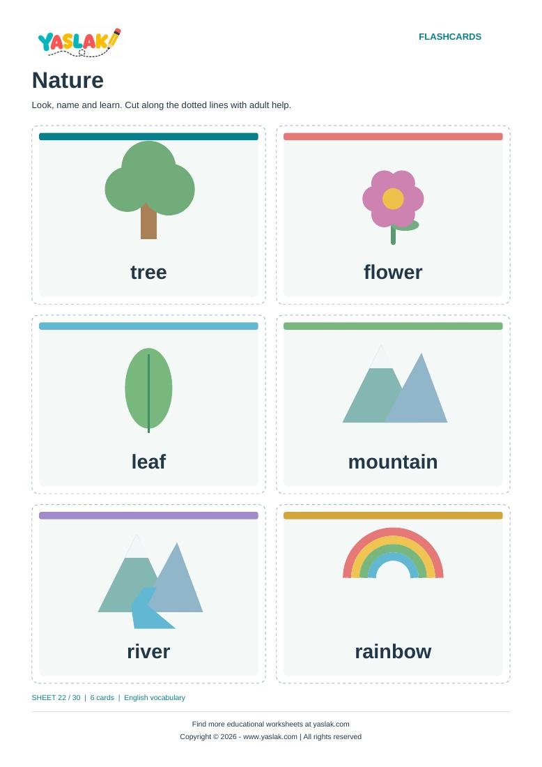 Nature Flashcards colour flashcard sheet with YASLAK logo and copyright