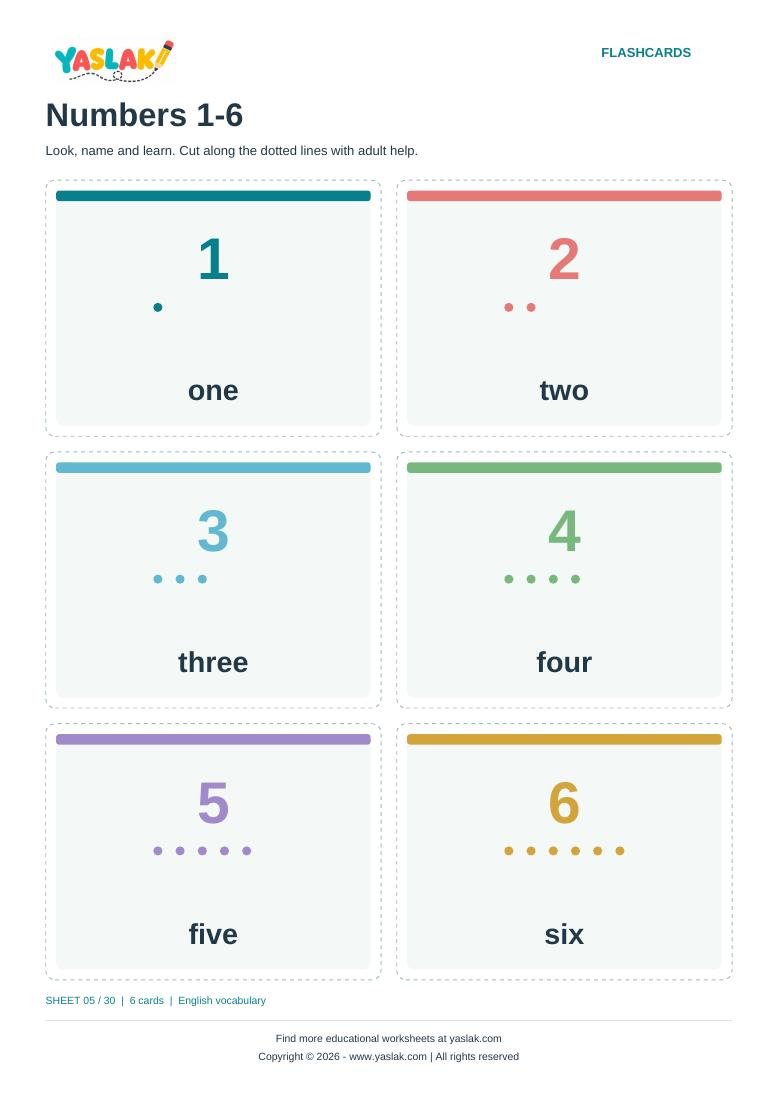 Numbers 1-6 Flashcards colour flashcard sheet with YASLAK logo and copyright