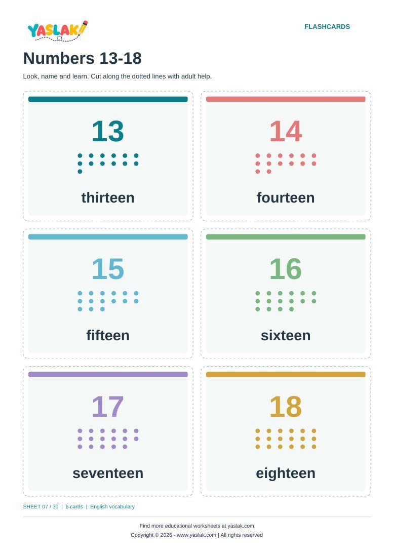 Numbers 13-18 Flashcards colour flashcard sheet with YASLAK logo and copyright
