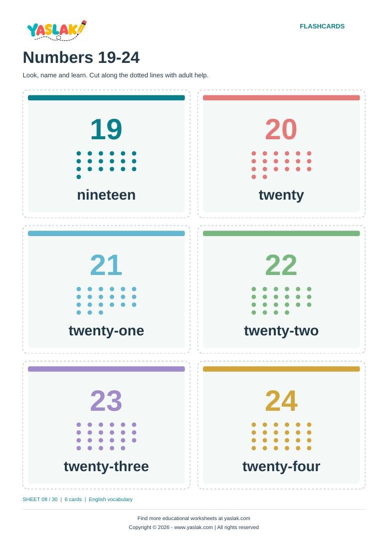Numbers 19-24 Flashcards colour flashcard sheet with YASLAK logo and copyright