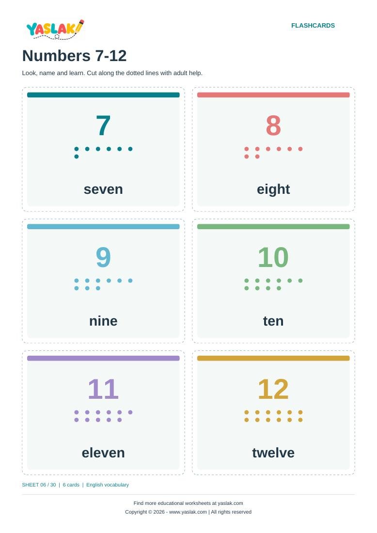 Numbers 7-12 Flashcards colour flashcard sheet with YASLAK logo and copyright