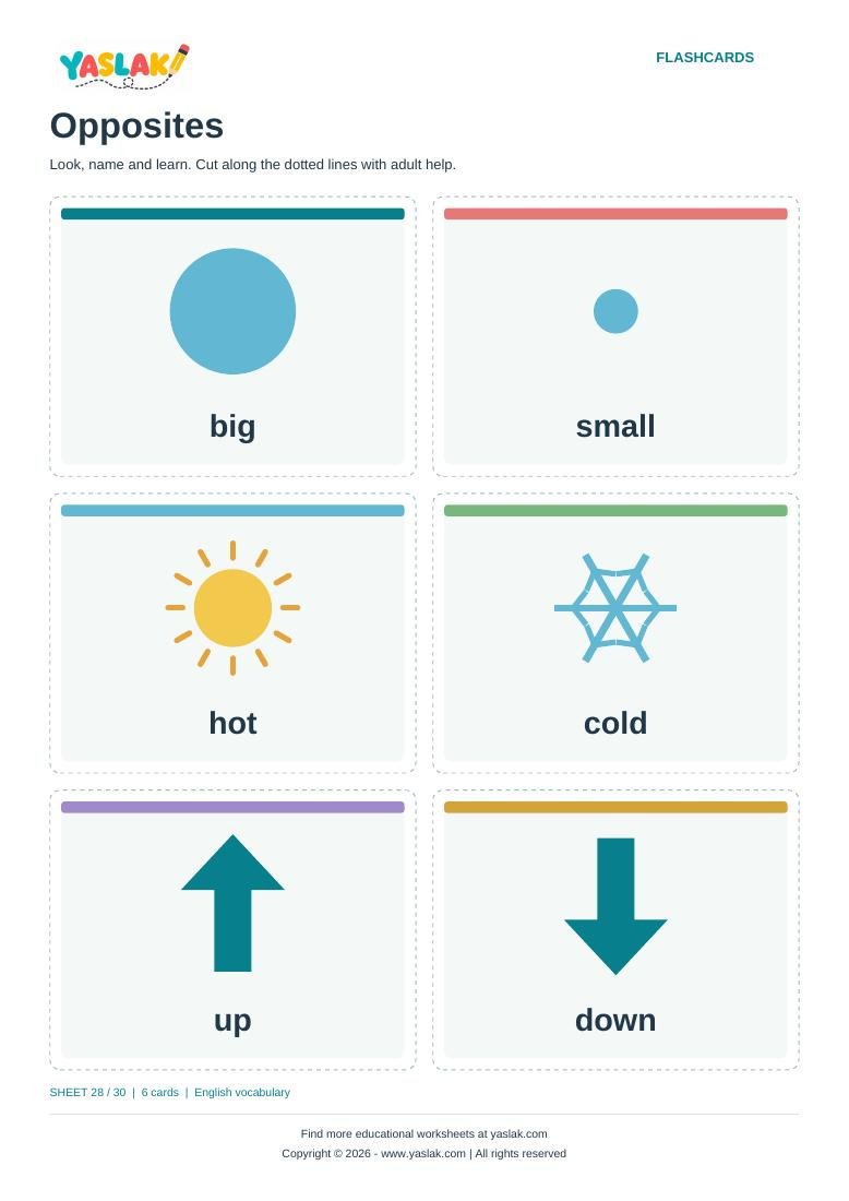 Opposites Flashcards colour flashcard sheet with YASLAK logo and copyright