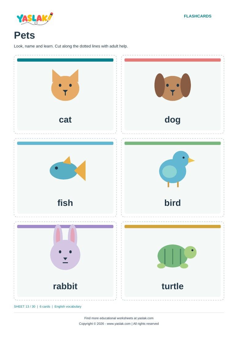 Pets Flashcards colour flashcard sheet with YASLAK logo and copyright