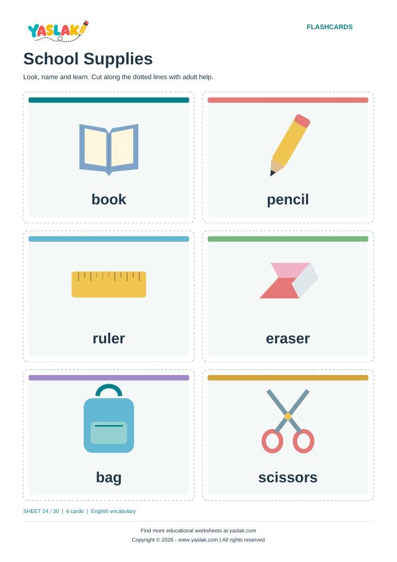 School Supplies Flashcards colour flashcard sheet with YASLAK logo and copyright