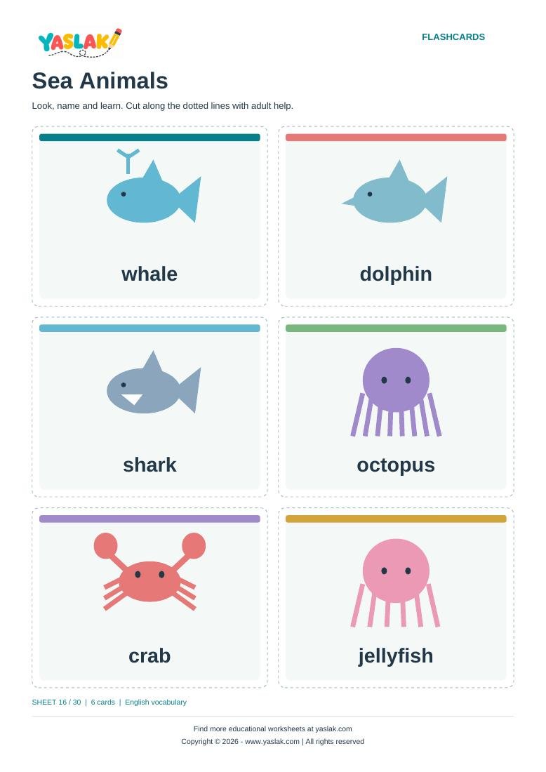 Sea Animals Flashcards colour flashcard sheet with YASLAK logo and copyright