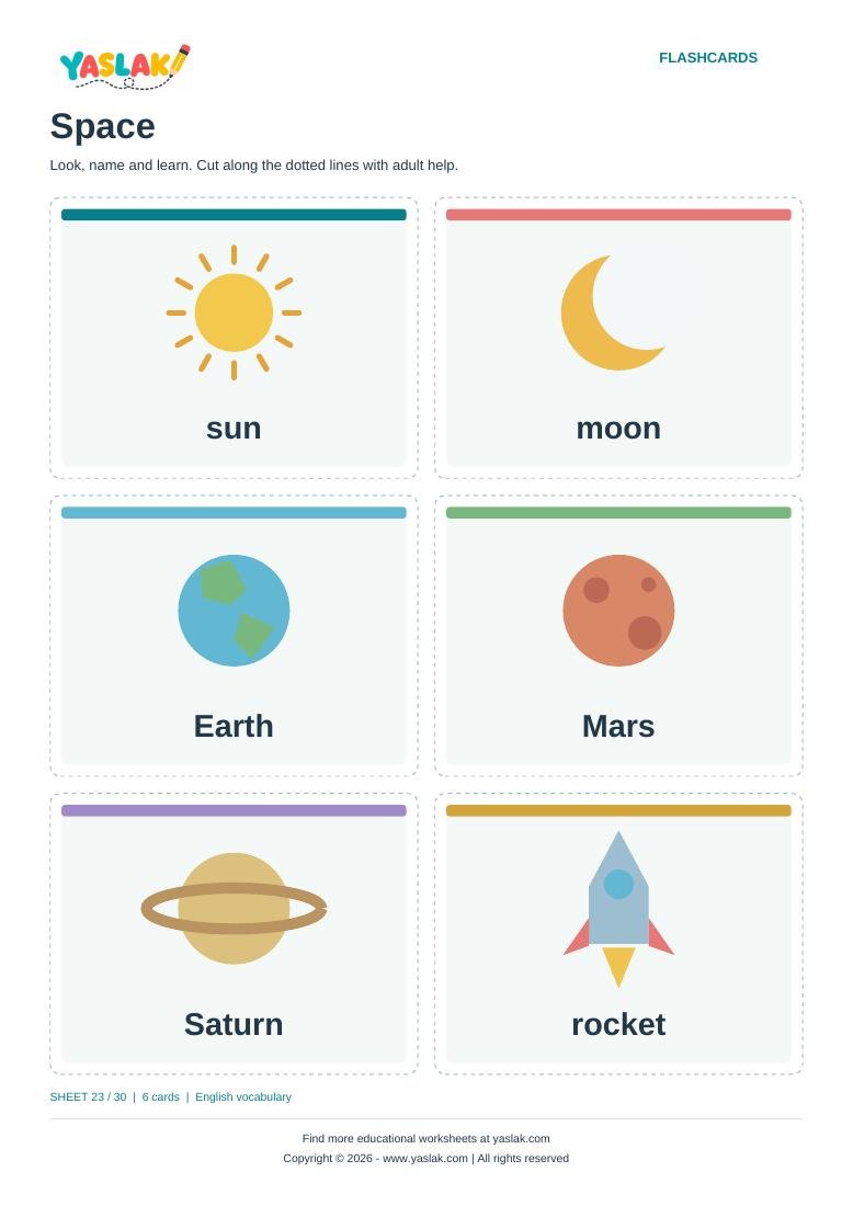 Space Flashcards colour flashcard sheet with YASLAK logo and copyright