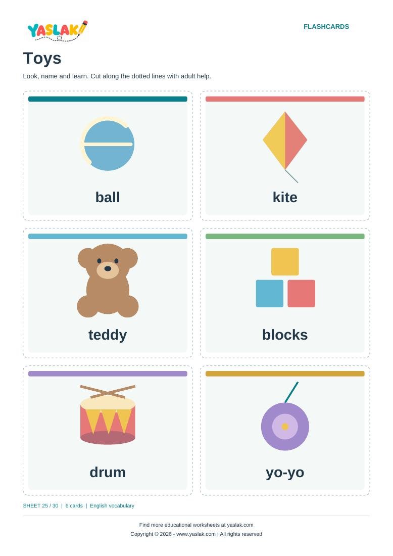 Toys Flashcards colour flashcard sheet with YASLAK logo and copyright