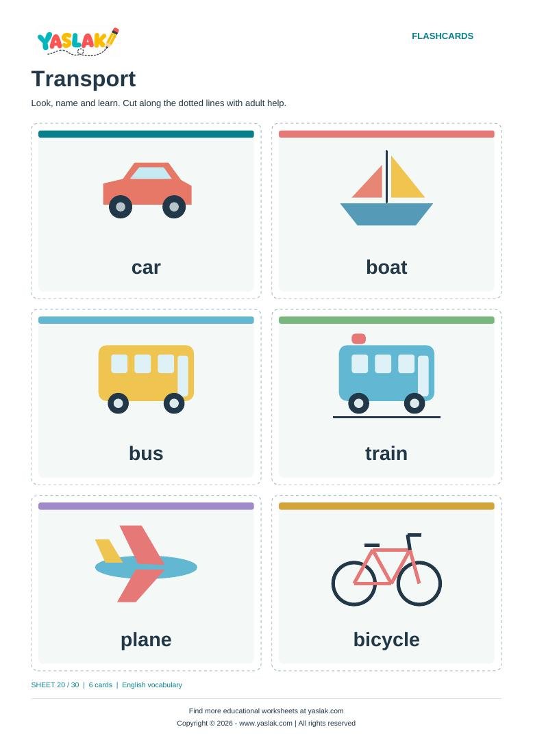 Transport Flashcards colour flashcard sheet with YASLAK logo and copyright