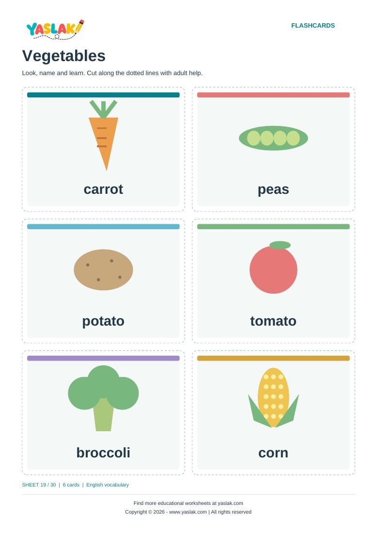 Vegetables Flashcards colour flashcard sheet with YASLAK logo and copyright