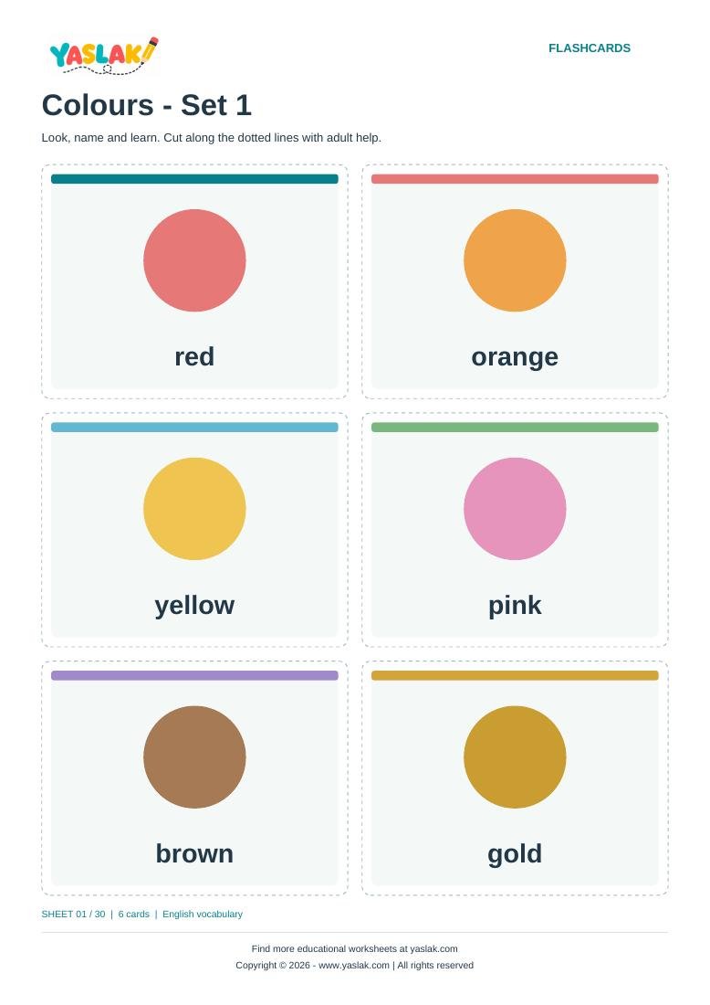 Colours - Set 1 Flashcards colour flashcard sheet with YASLAK logo and copyright