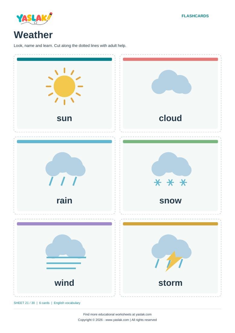 Weather Flashcards colour flashcard sheet with YASLAK logo and copyright