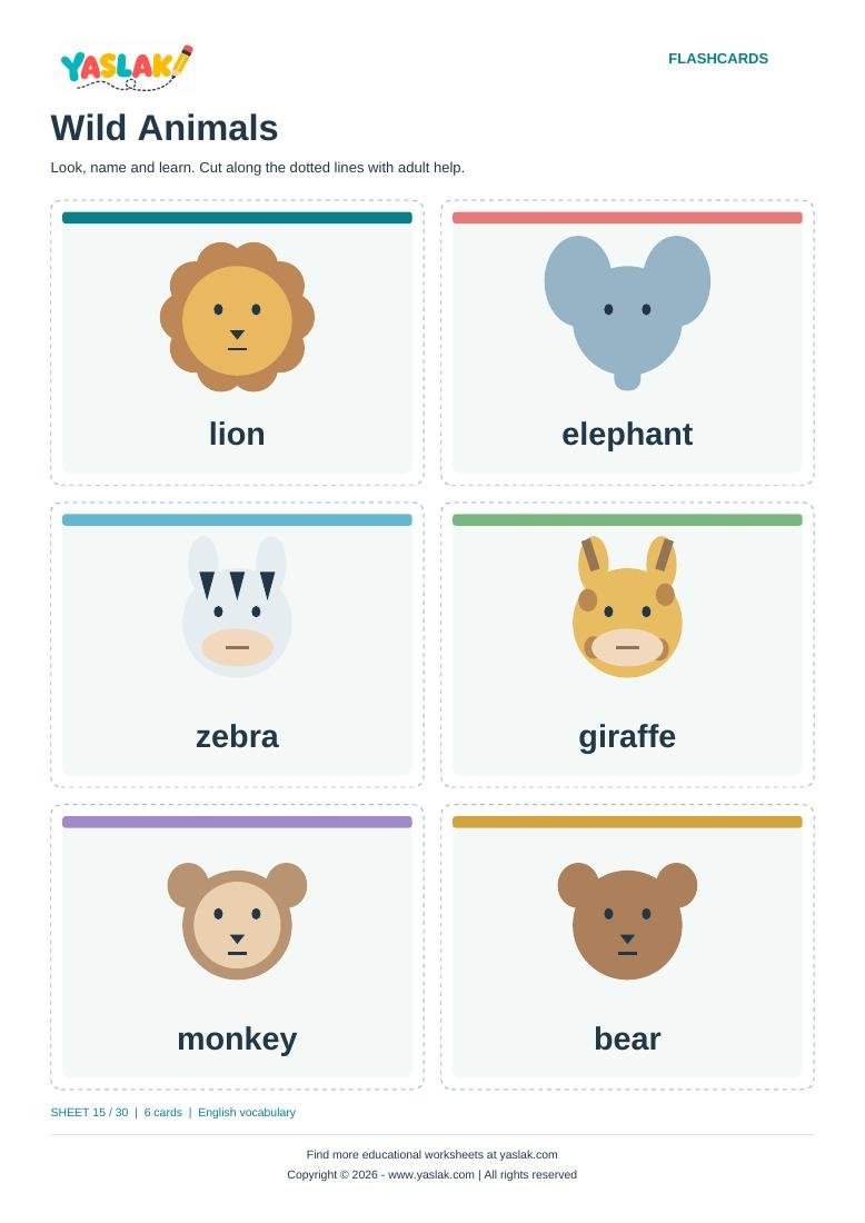 Wild Animals Flashcards colour flashcard sheet with YASLAK logo and copyright