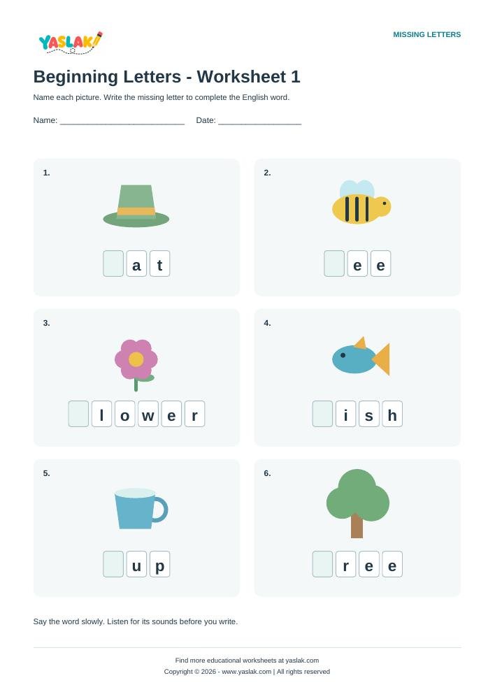 Beginning Letters - Worksheet 1 colour missing-letter worksheet with YASLAK logo and copyright
