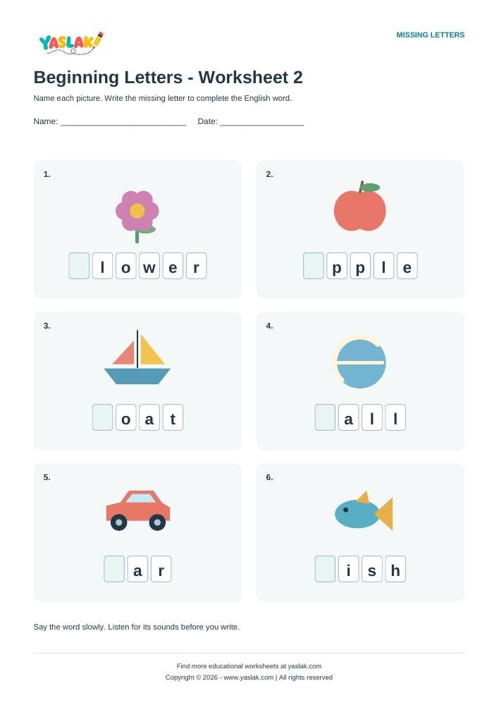 Beginning Letters - Worksheet 2 colour missing-letter worksheet with YASLAK logo and copyright